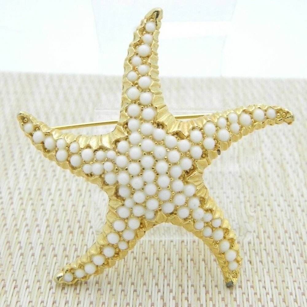 White Bead Beaded Large Starfish Gold Tone Pin